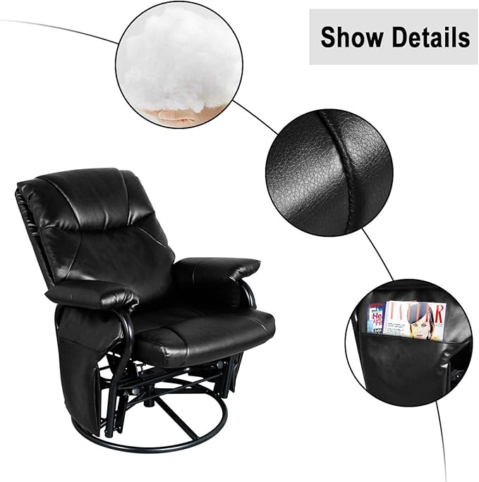 AODAILIHB Glider Chairs Rocking Chair with Ottoman 360° Swivel Chair PU Leather Upholstered Armchair Lounge Chair Sliding Chairs Set (Black)