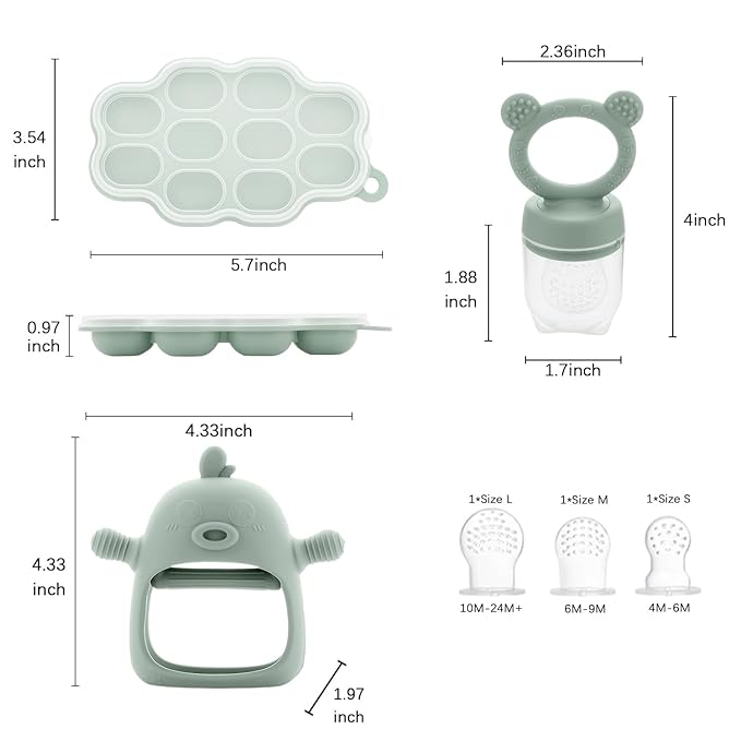 Baby Fruit Feeder Pacifier - 3 Pack | 1 Baby Food Feeder & 1 Baby Teether & 1 Baby Popsicle Molds | Breastmilk Popsicle Molds | Baby Teething Toys | Baby Fruit Food Feeder Pacifier Babies (Pea Green)