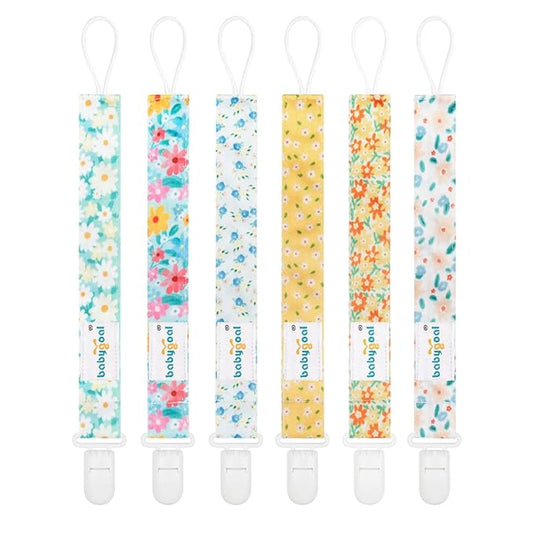 Babygoal Floral Pacifier Clips, 6 Pack Binky Paci Holder Clips and Leash for Boys and Girls Fits for Most Pacifier, Binkie Styles & Baby Teethers & Toys and Gift 6PS31