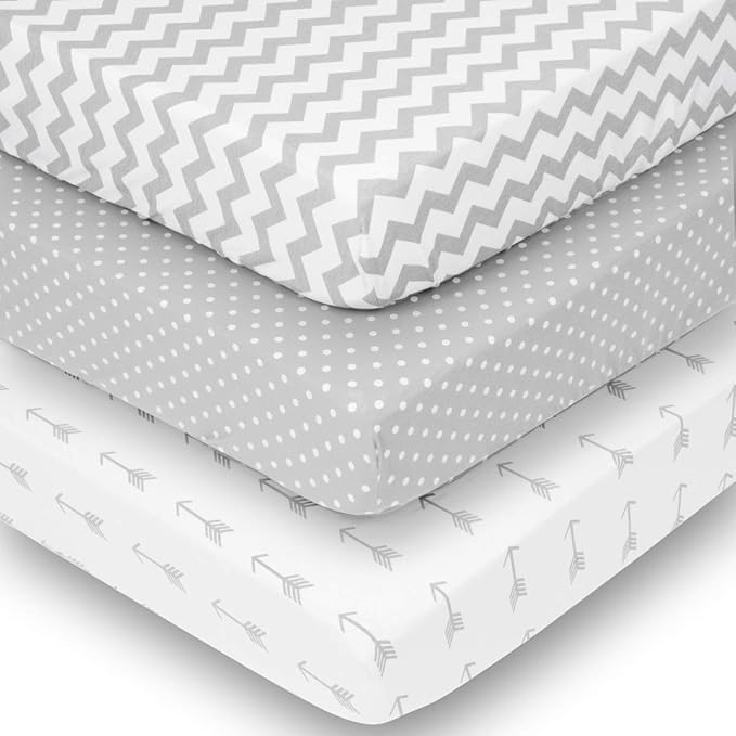 BaeBae Goods Premium Crib Sheets for Baby Boys and Girls, 4 Pack, Soft and Breathable Jersey Knit Fitted Sheet Set, Grey and White, Cute Gender Neutral Nursery Mattress Bedding, Universal Fit
