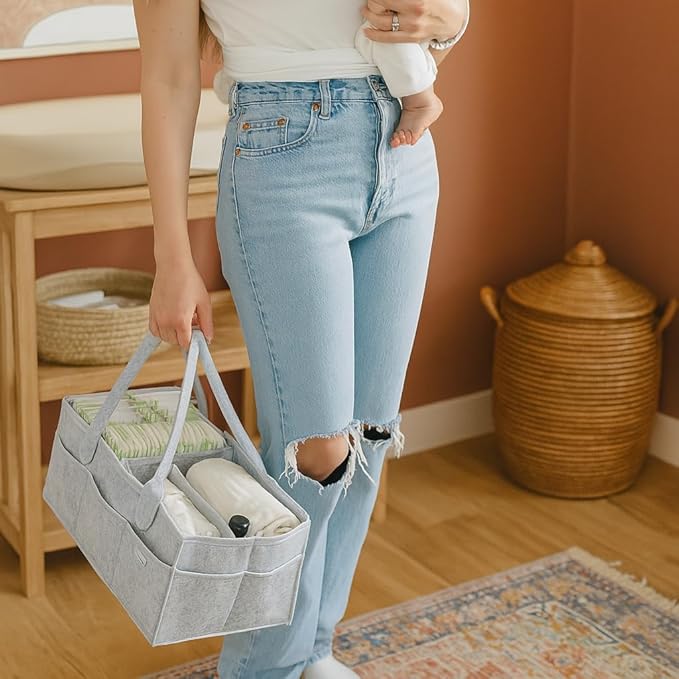PUTSKA Nursery Storage Basket - Baby Diaper Caddy Organizer for Diaper Station, Newborn Essentials, Baby Shower Gifts and Registry Must-Haves for Boy or Girl
