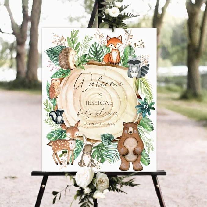 Welcome Sign Baby Shower, Baby Shower Sign, Woodland Baby Shower Welcome Sign, Woodland Animals Baby Shower, Greenery Baby Shower, LJGL16