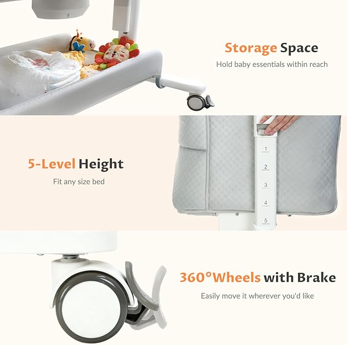 Rocking Bassinet for Baby Electric 3 Motion Automatic Bedside Sleeper Auto Rolling Newborn Cradle Rocks Itself 5 Height Adjustable with Music, Wheels, Storage, Grey & White