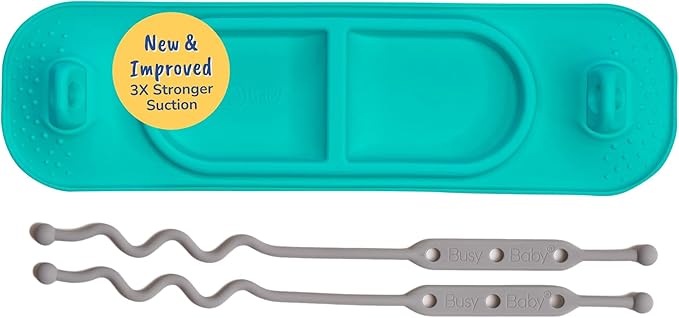 BUSY BABY Silicone Mini Mat - New and Improved Suction Cups, 2 Straps to Secure Baby Essentials, Self Feeding, Baby Led Weaning, Travel Wet Bag Included (Spearmint Mini)