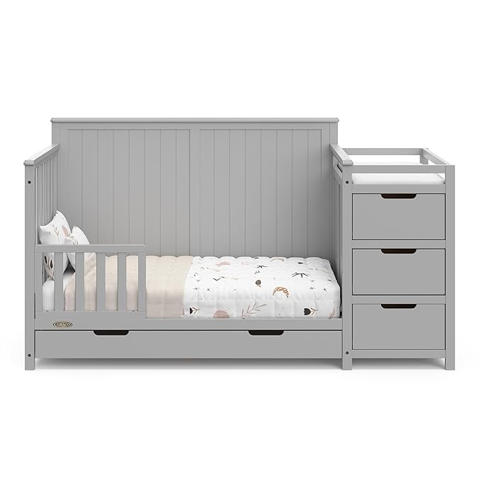 Graco Hadley All-in-One Convertible Crib & Changer (Pebble Gray) – GREENGUARD Gold Certified, Fits Standard Crib Mattress, Converts to Toddler Bed and Full Bed, 4 Adjustable Mattress Heights