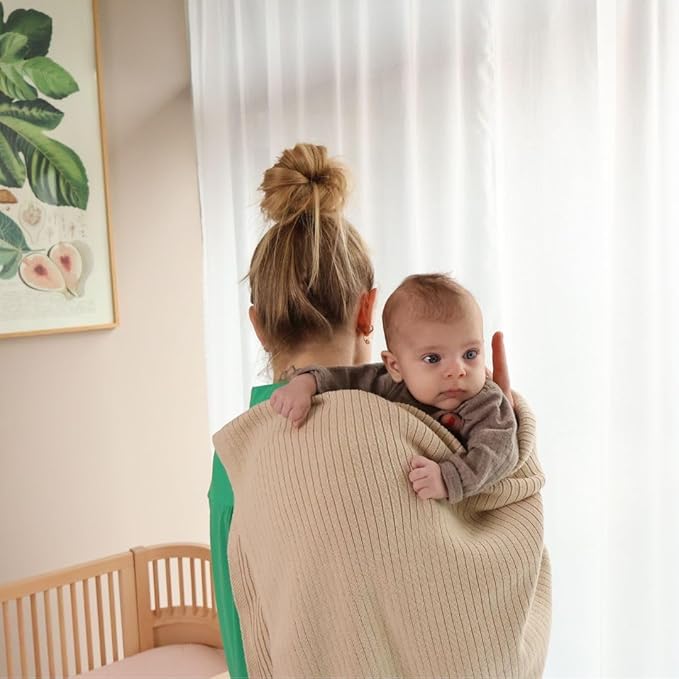 Knitted Organic Cotton Baby Blanket- Swaddle Blanket, 30" x 40" Soft Receiving Blanket for Newborn (Fog/Roman Green)