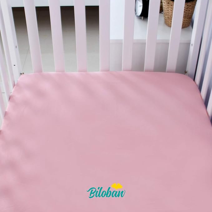 Biloban Crib Sheets Fitted, 2 Pack Crib Sheet Fits for Standard Crib Mattress, Neutral Toddler Bed Sheets Girl, White & Pink, 52”X 28”