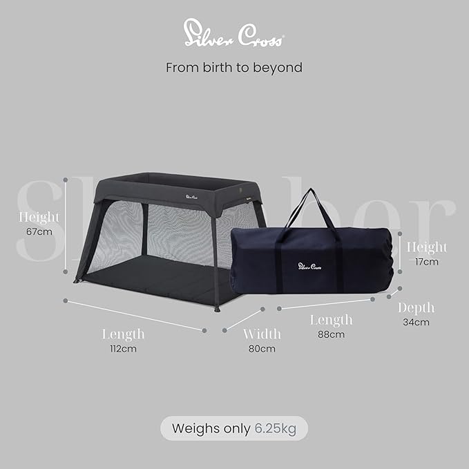 Silver Cross Sleep & Go 3 in 1 Travel Crib - Converts Newborn Bassinet, Crib to Playard - Portable, Lightweight, Easy to Pack with Comfortable Mattress for Infants to Toddlers - Carbon (Sustainable)