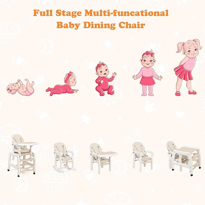 INFANS 5 in 1 Baby High Chair, Convertible Toddler Table Chair Set, Rocking Chair, Multi-Function Seat with Lockable Universal Wheels, Adjustable Seat Back, Removable Trays