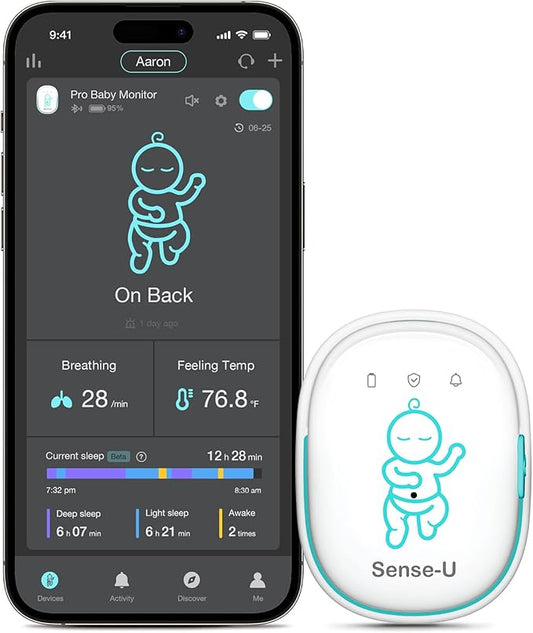 Sense-U Smart Baby Monitor Pro with Arousal Vibration, Audible and App Alerts: Tracks Abdominal Movement, Rollover, Feeling Temperature, Portable & Wearable Smart Sleep Monitor, Green