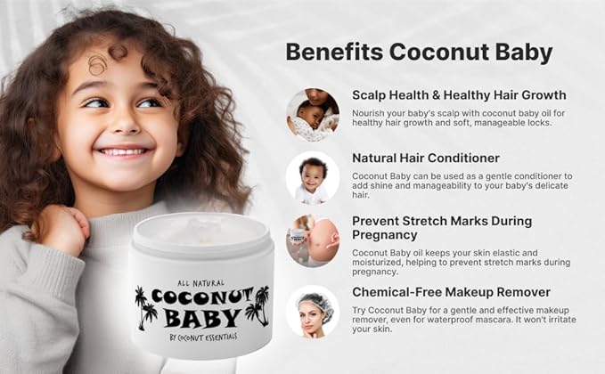 Coconut Essentials Coconut Baby Oil - Natural & Organic Moisturizer, Hair Oil for Cradle Cap Treatment, Newborn Sensitive Skin, Eczema & Psoriasis Relief, Unscented, Sunflower & GrapeSeed 4 floz