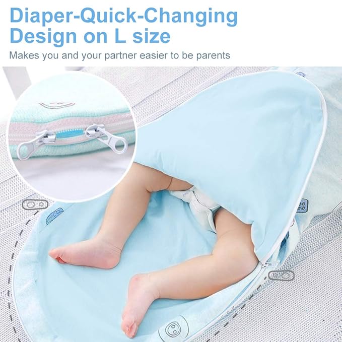 Organic Cotton Baby Swaddle Blankets, Unisex Baby Blanket Wrap for Newborn Baby Boys Girls, Skin Friendly Wearable Swaddling Sleep Sack Calms Startle Reflex (Button, Blue, 3-6 Months)