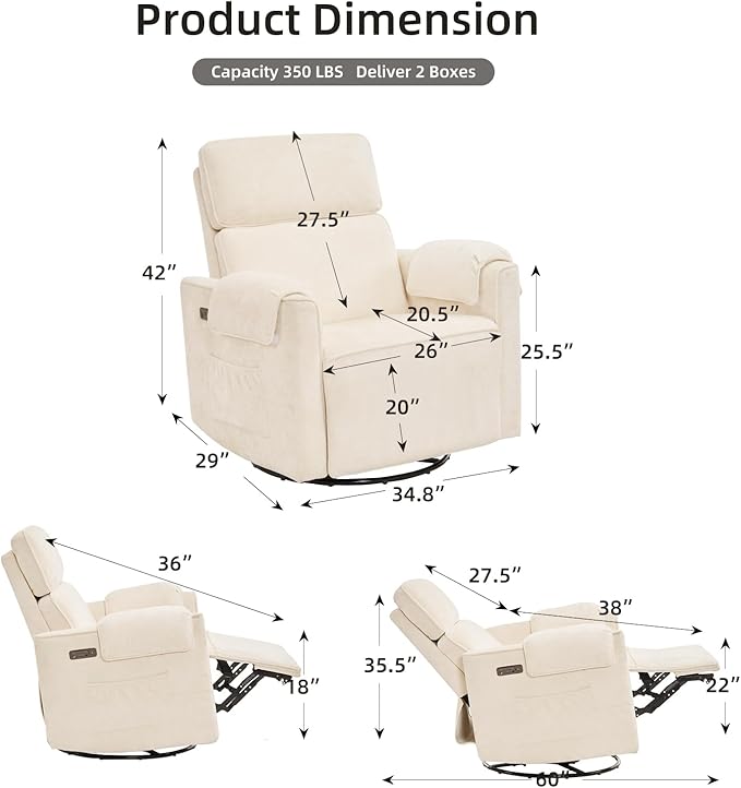 Oversized Power Recliner Chair, 26" Extra Wide Swivel Rocker Recliner with Adjustable Headrest, Chenille Glider Rocking Nursery Chair with Overstuffed Armrest, USB Ports, Cream