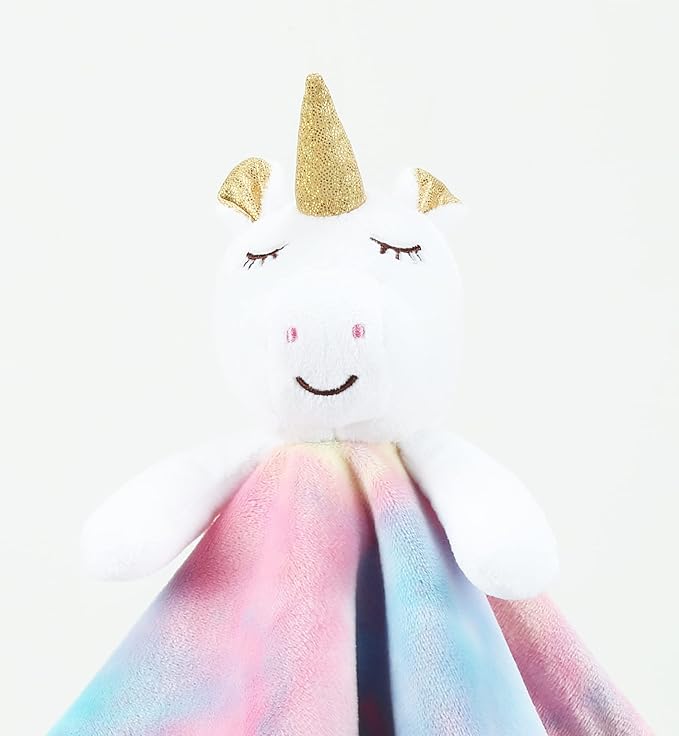 CREVENT Cozy Plush Baby Security Blanket Loveys for Baby Girls, Minky Dot Front + Backing with Animal Face (Unicorn)