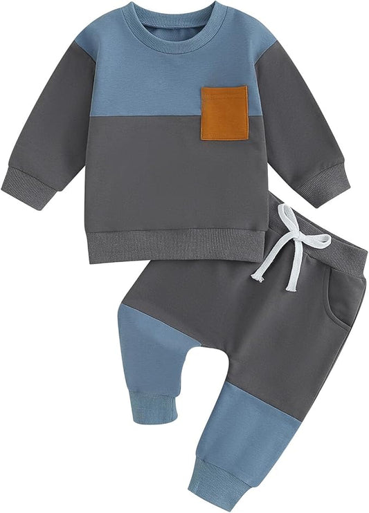 Kupretty Toddler Baby Boy Fall Winter Clothes Color Block Long Sleeve Sweatshirt Pullover Tops + Joggers Pants Outfit Set