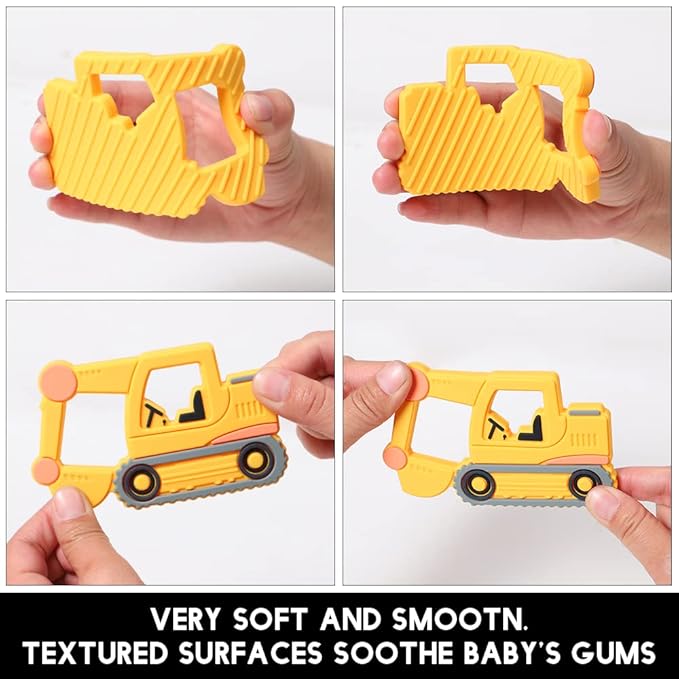 Baby Silicone Teether,Sensory Chew Toys,BPA Free Soft and Effective Infant Teething Pain Relief Toys,Freezer Safe,Food Grade Silicone,Best Shower Gift for Boys and Girls (Yellow Excavator)