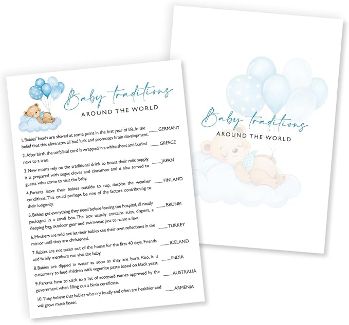 Baby Traditions Around The World Baby Shower Games, 25 Double-Sided Blue Bear Games for Boys with Answer Card, Interactive Party Supplies - B06