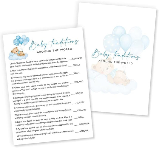 Baby Traditions Around The World Baby Shower Games, 25 Double-Sided Blue Bear Games for Boys with Answer Card, Interactive Party Supplies - B06
