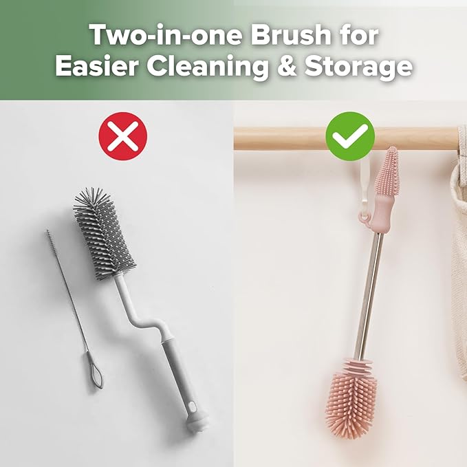 haakaa Cleaning Brush Silicone Bottle Brush Double-Ended Soft Silicone Bristles for Breast Pumps, Breast Milk Collectors, Baby Bottles, Teats, Breastmilk Storage Bags, Detachable - Pink -1pk