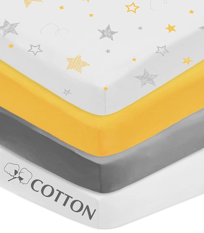 American Baby Company 4 Pack Fitted Crib Sheets 28" x 52", Soft Breathable Neutral 100% Cotton Jersey Sheet, Yellow/Yellow Stars/Gray/White, for Boys and Girls, Fits Crib and Toddler Bed mattresses