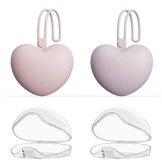 4pcs Pacifier Holder Case Set, 2pcs Silicone Portable Pacifier Pouch and 2pcs Transparent Pacifier Storage Container, Cute Heart Shape Pacifier Storage Case for Newborn Baby（Pink+Purple）