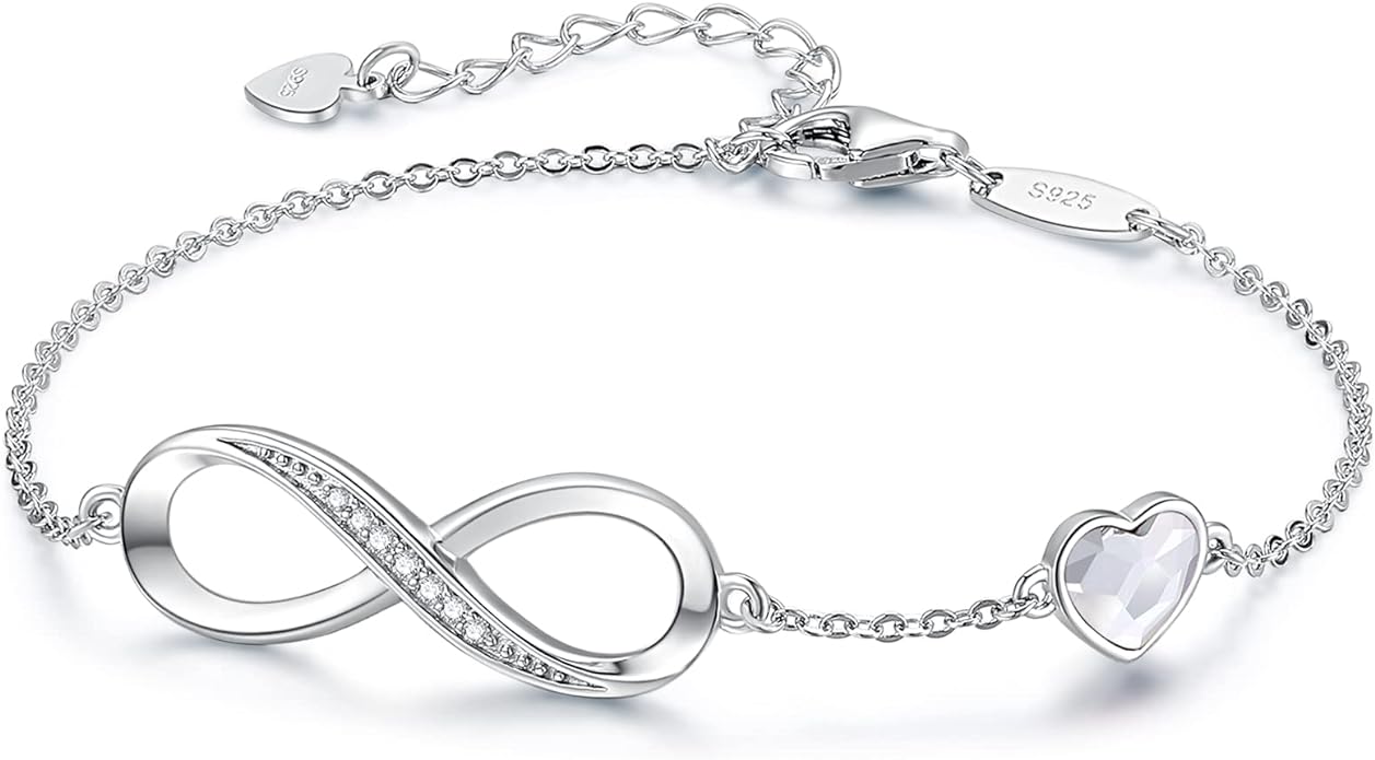 CDE Infinity Heart Birthstone Charm Link Bracelet for Women 925 Sterling Silver Adjustable Mother's Day Gift Anniversary Birthday Jewelry for Wife Girlfriend Her