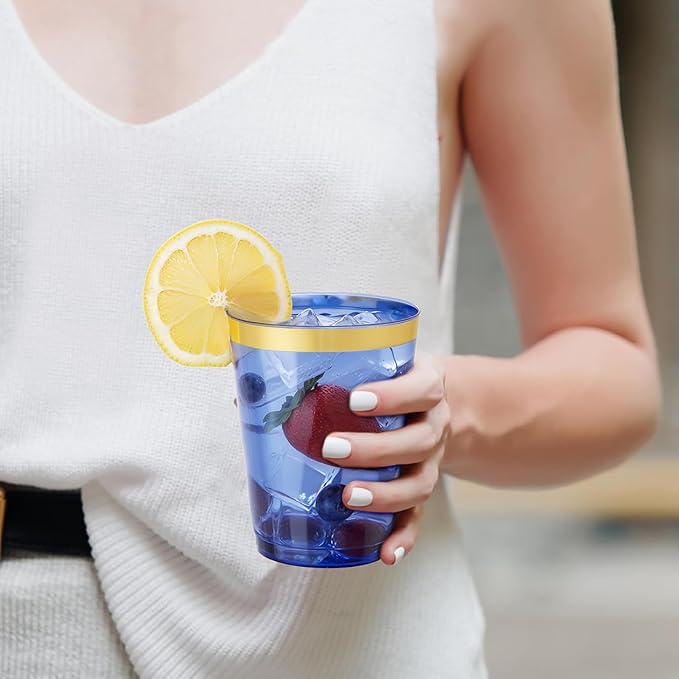 supernal 100 Pcs Blue Plastic Cups,10 Oz Clear Blue Disposable Cups with Gold Trim,Plastic Cocktail/Drink/Bridal Shower/Baby Shower Cups for Party,Wedding and Birthday,Cute Disposable Cup