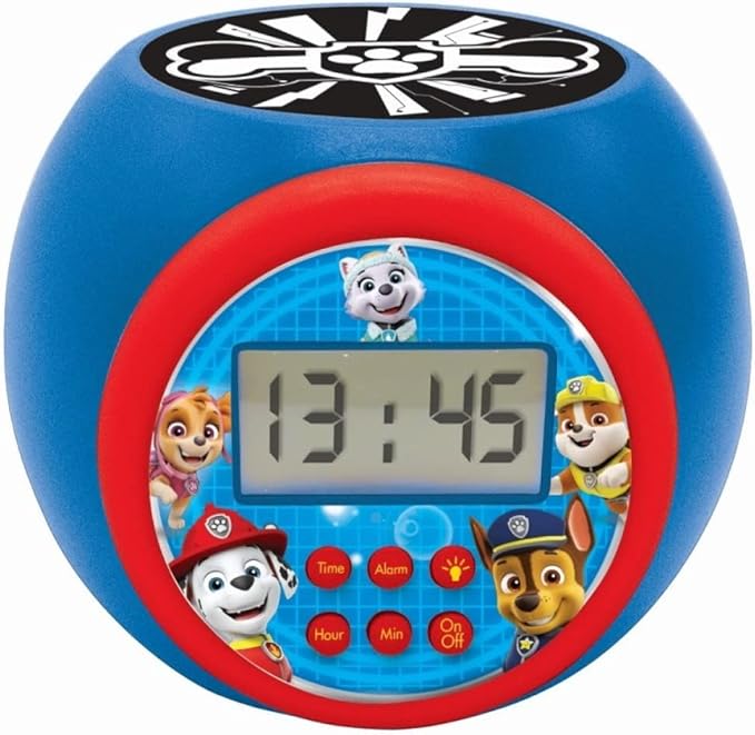 LEXIBOOK - Paw Patrol Projector Alarm Clock with Snooze Function and Alarm Function,Night Light with Timer, LCD Screen, Battery Operated, Blue/Red, RL977PA