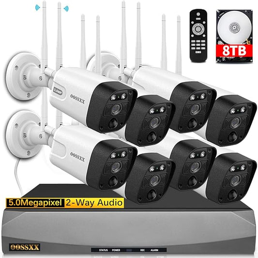 5.0MP & 2-Way Audio PIR Detection Dual Antennas Outdoor Security Camera System Wireless WiFi Home Security System Indoor Video Surveillance DVR Kit with 8TB Hard Drive