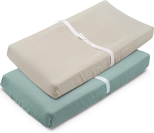 Muslin Changing Pad Cover for Baby Girls Boys-2 Pack 17"x 33" Cotton Soft Breathable Diaper Changing Pad Cover-Cozy Changing Pad Sheets-Neutral Boho Baby Showers Gift-Sage Green & Beige