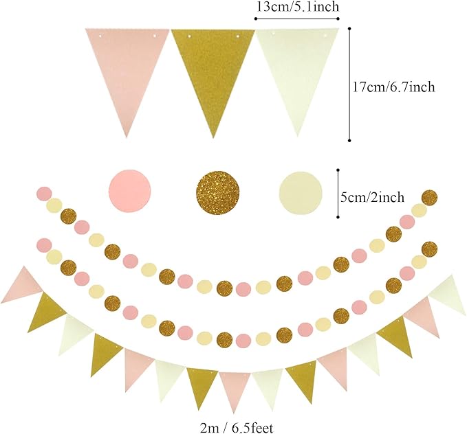 ZERODECO Party Decoration, 21 Pcs Pink Hanging Paper Fans, Pom Poms Flowers, Garlands String Polka Dot and Triangle Bunting Flags for Birthday Parties, Bridal Showers, Baby Showers, Wedding