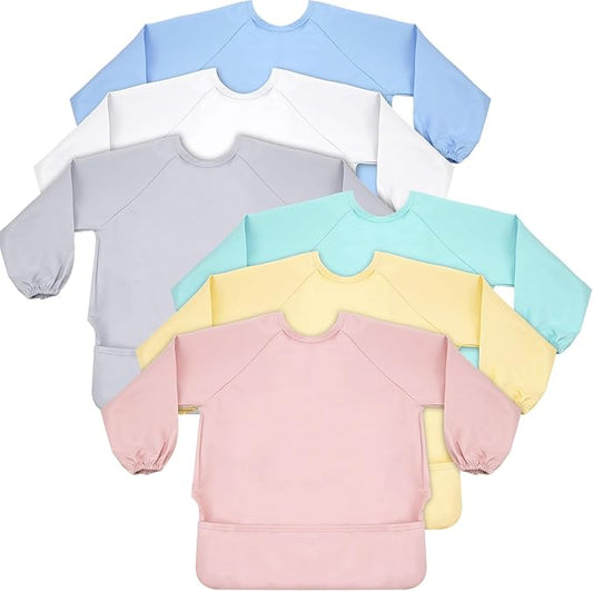 Jeyiour 6 Pack Long Sleeve Baby Bibs Mess Proof Bib Washable Feeding Bib Waterproof Smock Bib for Infant Toddler 6-24 Months