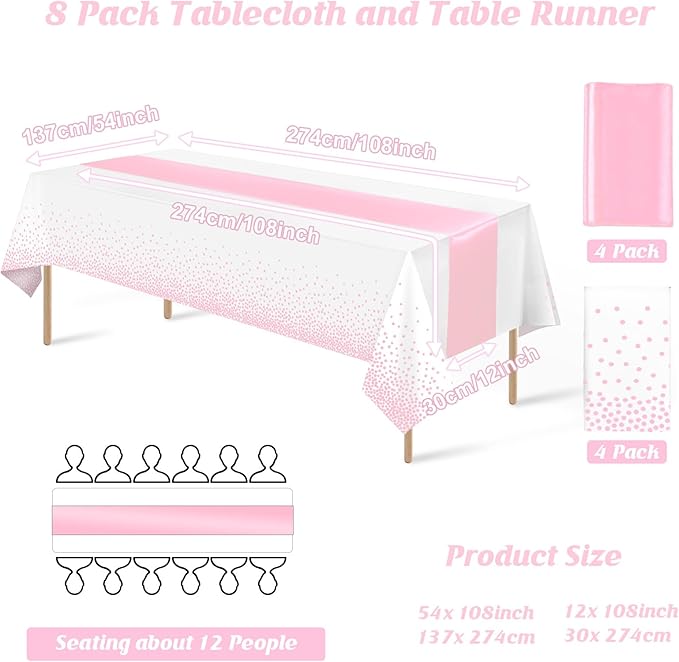 8Pack Disposable Plastic Tablecloths and Satin Table Runner Set White Pink Dot Table Cloth Gold Satin Table Runner for Graduation Wedding Birthday Baby Shower Anniversary Holiday Party Decorations