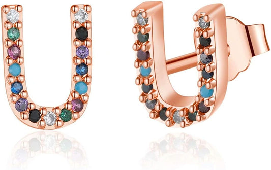 Memorjew Initial Stud Earrings for Women, Hypoallergenic 925 Sterling Silver Post Rainbow Cubic Zirconia Gold Plated 26 Initial Earrings for Women Jewelry Gifts