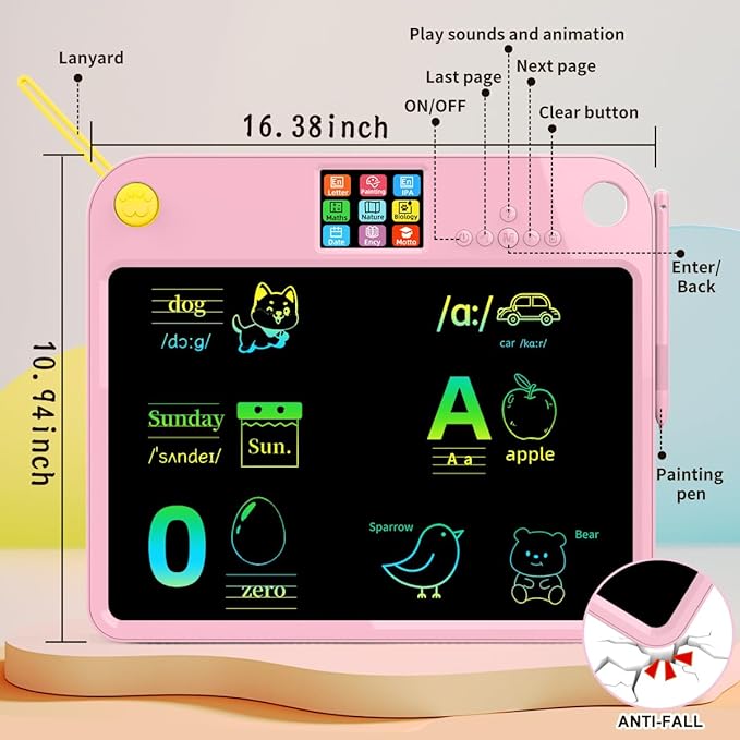 16" LCD Writing Tablet for Kids,Autism Sensory Toys Ages 3 4 5 6 7 Dual Screen Learning, 9 Knowledge Categories, Type-C, Lightweight, Long Battery Life, Ideal for Travel and Gifts Pinks