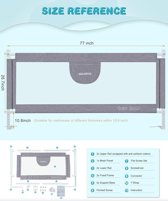 MBQMBSS Baby Bed Rails for Toddlers - 77’’ Extra Long Adjustable Baby Bed Side Rail Guard with Y-Strap for Kids Twin,Double,Full Size Queen & King Mattress (Gray/White) (77 Inch(L) X26.7(H))