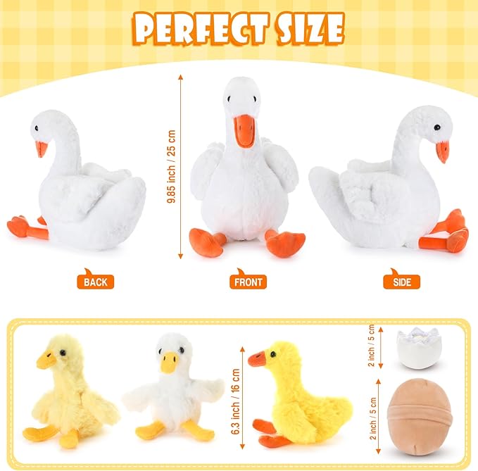 HyDren 5 Pcs Goose Stuffed Animal Family Plush Toy Gift One Silly Goose Birthday Decor Kid Kindergarten Back to School Classroom Cute 10 Inch Mommy with 3 Cute Babies in Her Belly Soft Cuddly Plushie