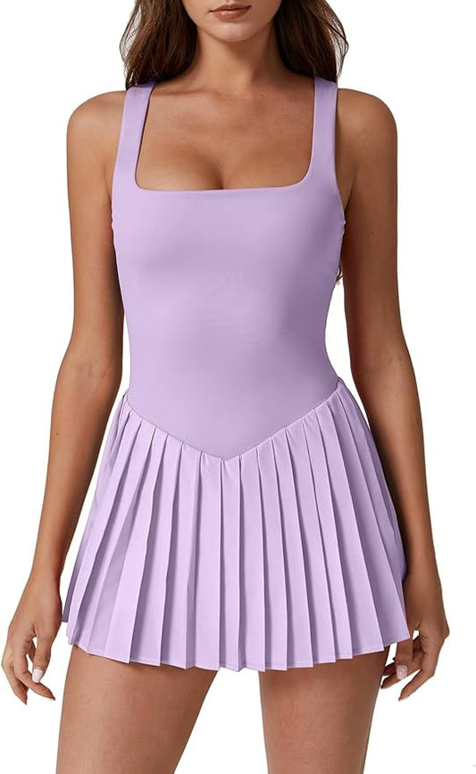 QINSEN Womens Square Neck Tennis Dress Pleated Sleeveless Built in Shorts Golf Athletic Dress with Pockets