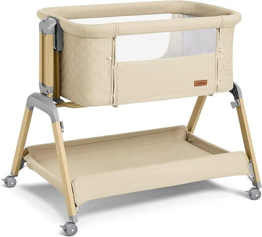 Bassinet Bedside Sleeper, Rocking Bassinets with Comfy Mattress and Wheels for Newborn, 5-Height Adjustable (Beige)