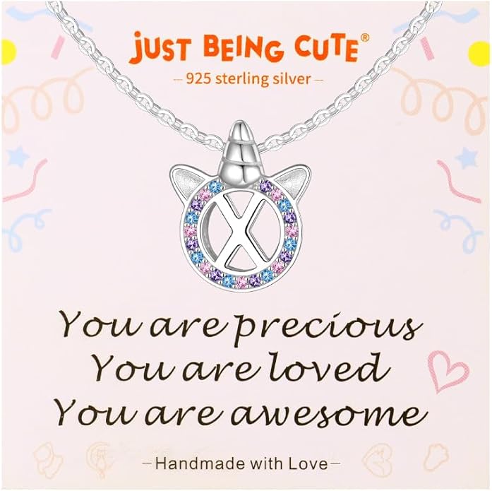 Unicorn Necklace for Girls, Initial Necklaces for Little Girls Kids Children, Hypoallergenic 925 Sterling Silver Kids Jewelry Colorful CZ Unicorn Gifts for Birthday Kindergarten Graduation Wedding