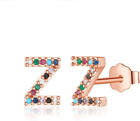 Memorjew Initial Stud Earrings for Women, Hypoallergenic 925 Sterling Silver Post Rainbow Cubic Zirconia Gold Plated 26 Initial Earrings for Women Jewelry Gifts