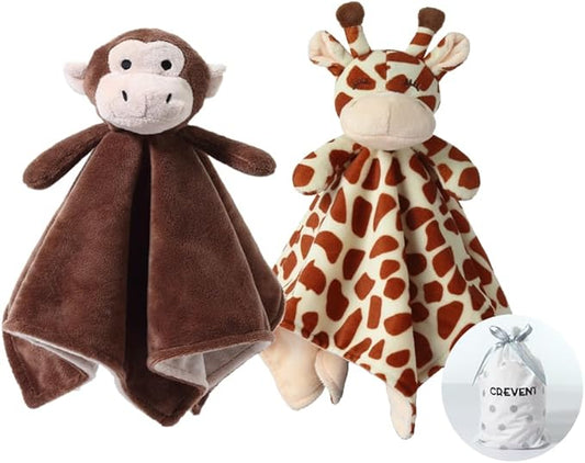 CREVENT Cozy Plush Baby Security Blanket, Loveys for Baby Girls and Boys, Birthday (Monkey+Giraffe)