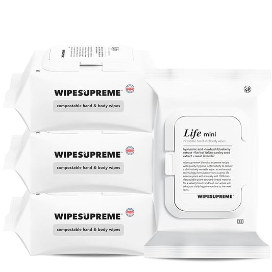 Wipesupreme Compostable Hand & Body Wipes, Hypoallergenic for Sensitive Skin, EWG Verified, Moisturizing with Hyaluronic Acid, Babies to Adults | Travel, 100 Count (4 Pack)