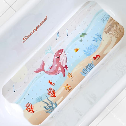 Cartoon Baby Bath Mat, Kids Bathtub Mat Non Slip for Toddler Bath Shower Anti Slip, 40In X 16In with Drain Holes and Suction Cups Machine Washable, Rosy Whale