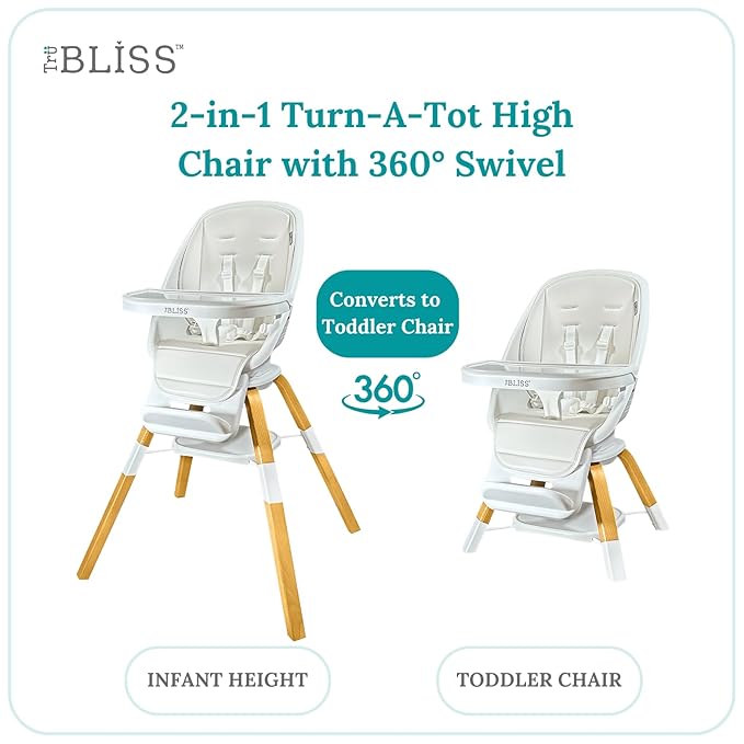 Turn-A-Tot High Chair for Babies and Toddlers, 2 in 1 Wooden Portable Baby Feeder or Adjustable Child's Seat with 360 Degree Swivel, Removable Tray, and Pad (Cream)