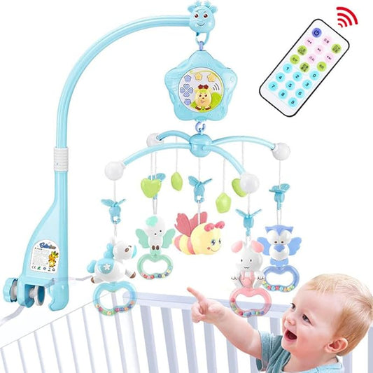Baby Crib Mobile with Lights and Musicial, Remote, Projector, Newborn Gift for Ages 0+ Months (Blue-Bee)