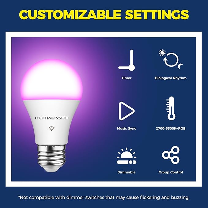 Smart Light Bulbs 60W Equivalent, WiFi Smart Bulb Compatible with Alexa/Google Assistant/Smart Life, A19 E26 RGBCW Color Changing, No Hub Required,2.4G WiFi, ETL Listed, 9W 800LM, 4PCS