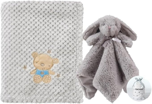 CREVENT Soft Cozy Baby Blankets for Boys Girls + Security Blanket, Set with a Gift Bag Newborn Essentials (Grey)