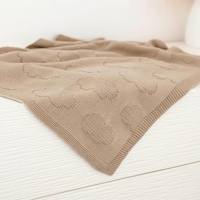 Baby Knit Blanket Cloud Pattern – 100% Cotton Soft Lightweight Receiving Blanket for Newborn Infant Toddler Boy Girl, Warm Cozy Nursery Crib Blanket, Stroller Cover