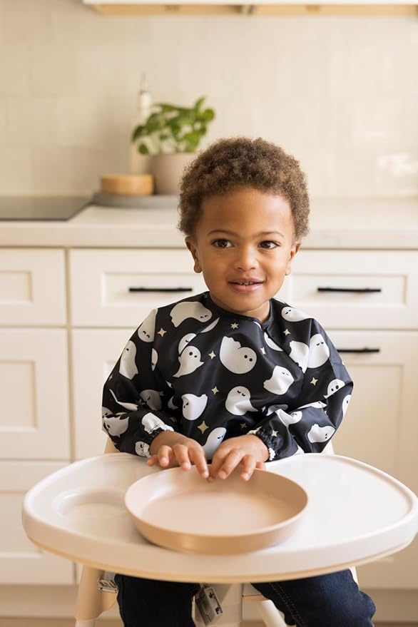 Tiny Twinkle Mess Proof Baby Bib,Waterproof Smock Baby Bib for Eating,Machine Washable Long Sleeve Bib,Baby Led Weaning,Toddler Bib,BLW Supplies (Ghosts, Small 6-24 Months)